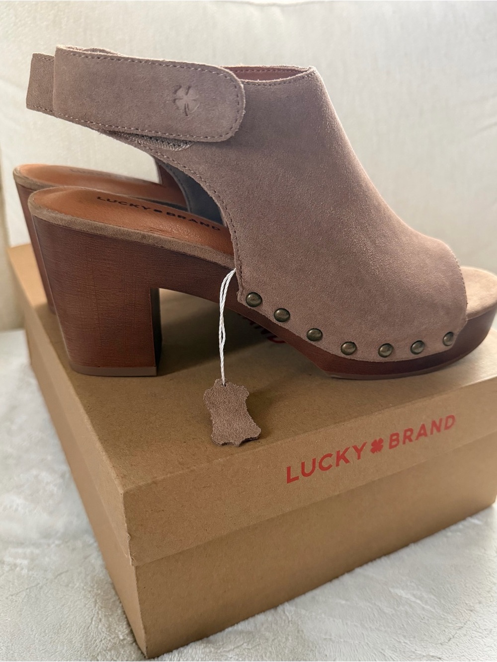 Lucky Brand Taupe Suede Open-Back Clog Heels